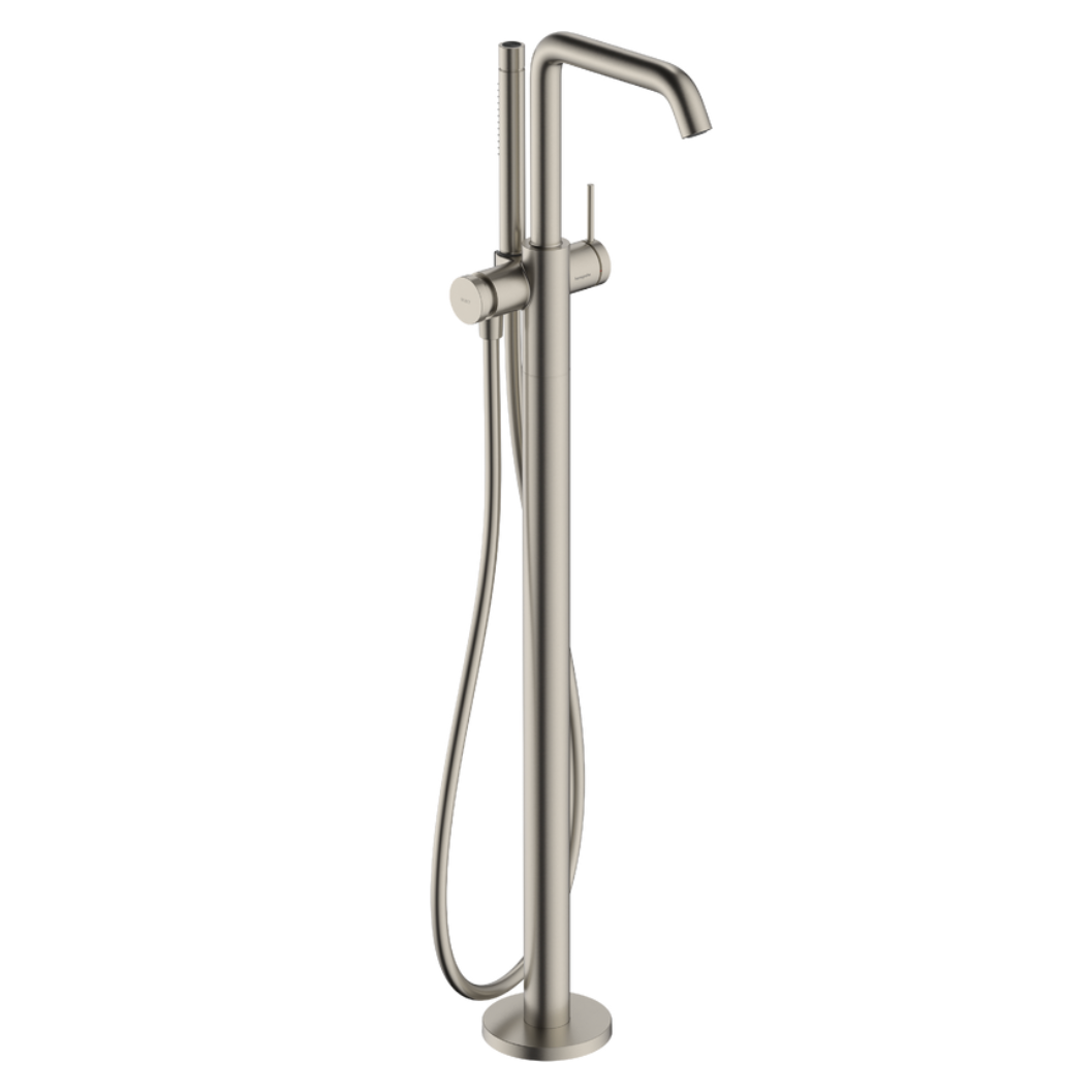 PVD brushed Nickel finish German made freestanding bathroom tap with removable hand shower 