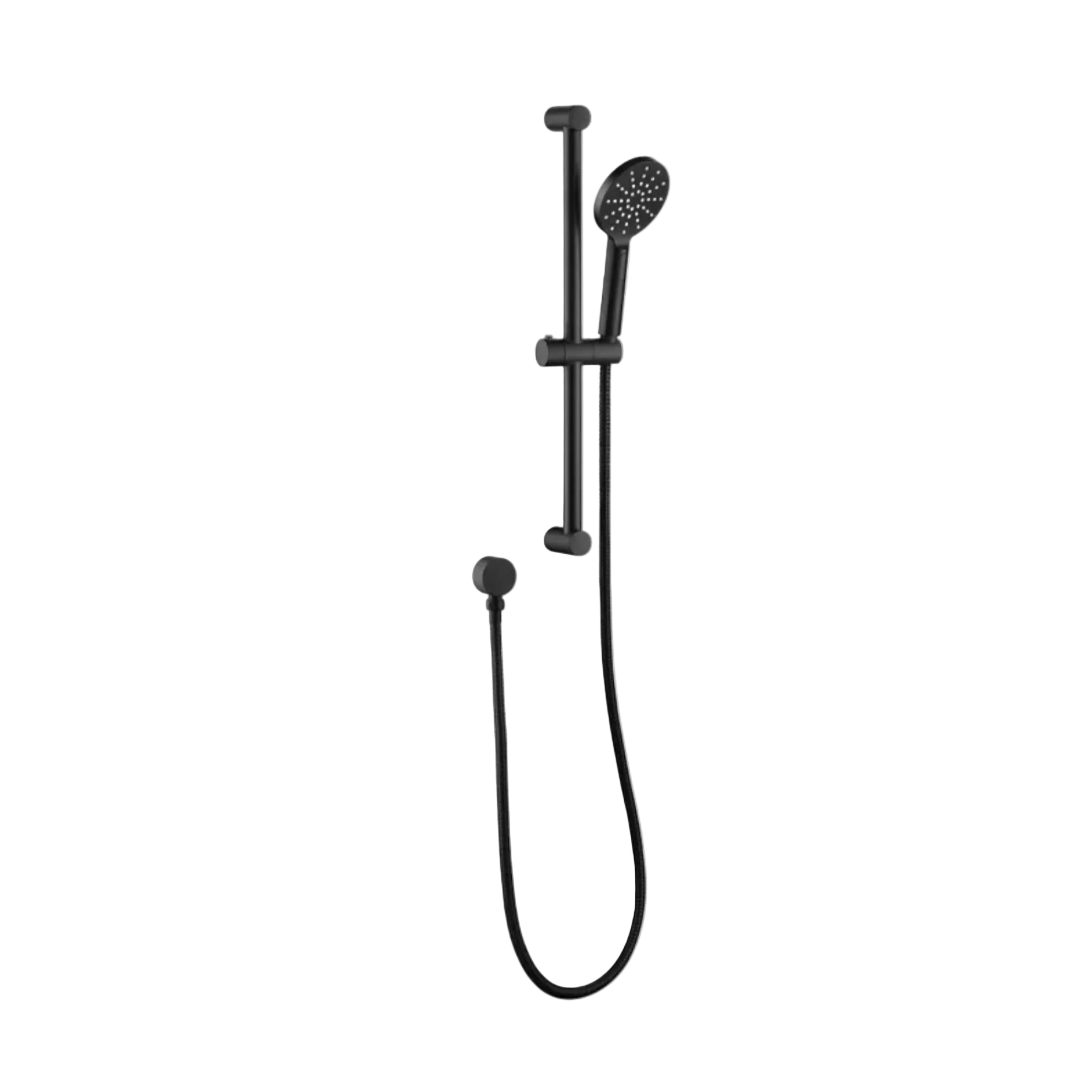 A matte black shower rail set with a handheld shower head and flexible hose.