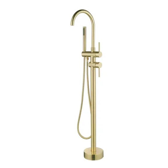 A brushed gold  floor standing mixer with a sleek, contemporary design, featuring a hand shower and a brushed gold  handle.