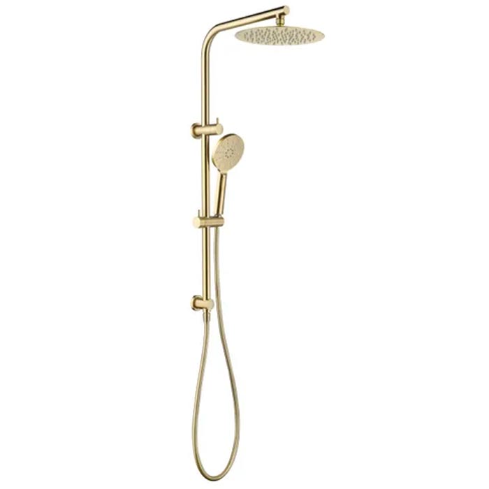 A brushed gold twin shower unit with a round overhead shower and an additional handheld showerhead on a rail.