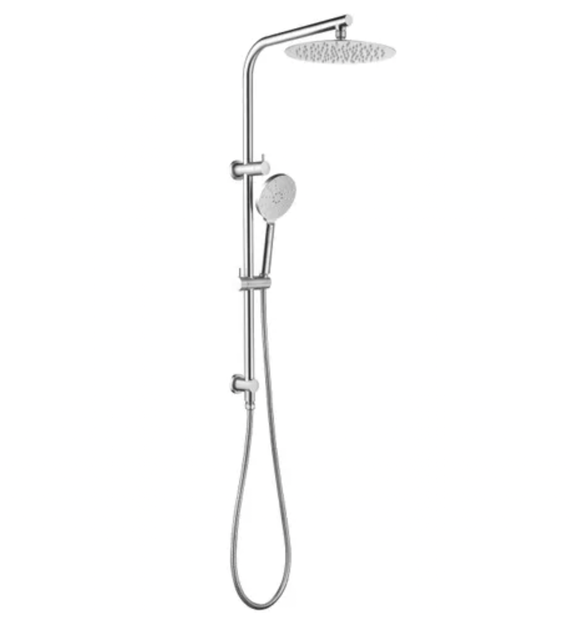 A chrome round twin shower unit on a rail, including a large overhead shower and a handheld showerhead.
