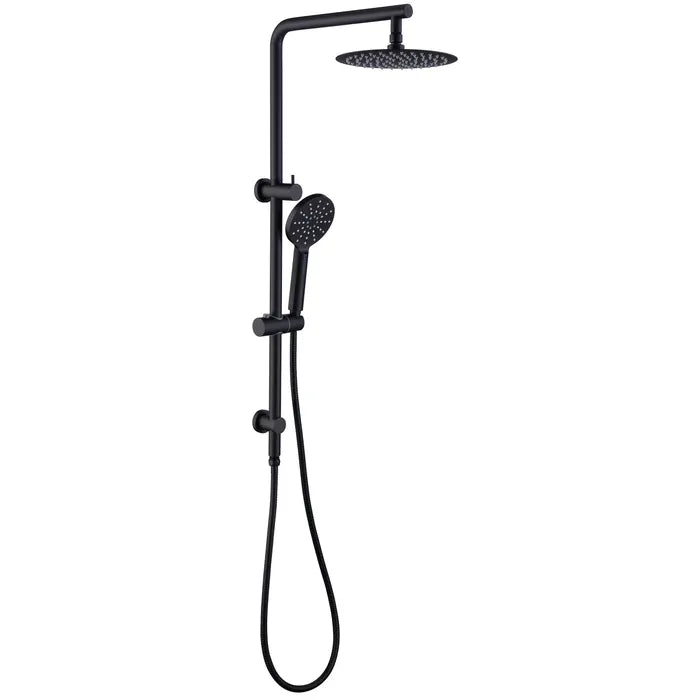 A matte black round twin shower unit on a rail, including a large overhead shower and a handheld showerhead.