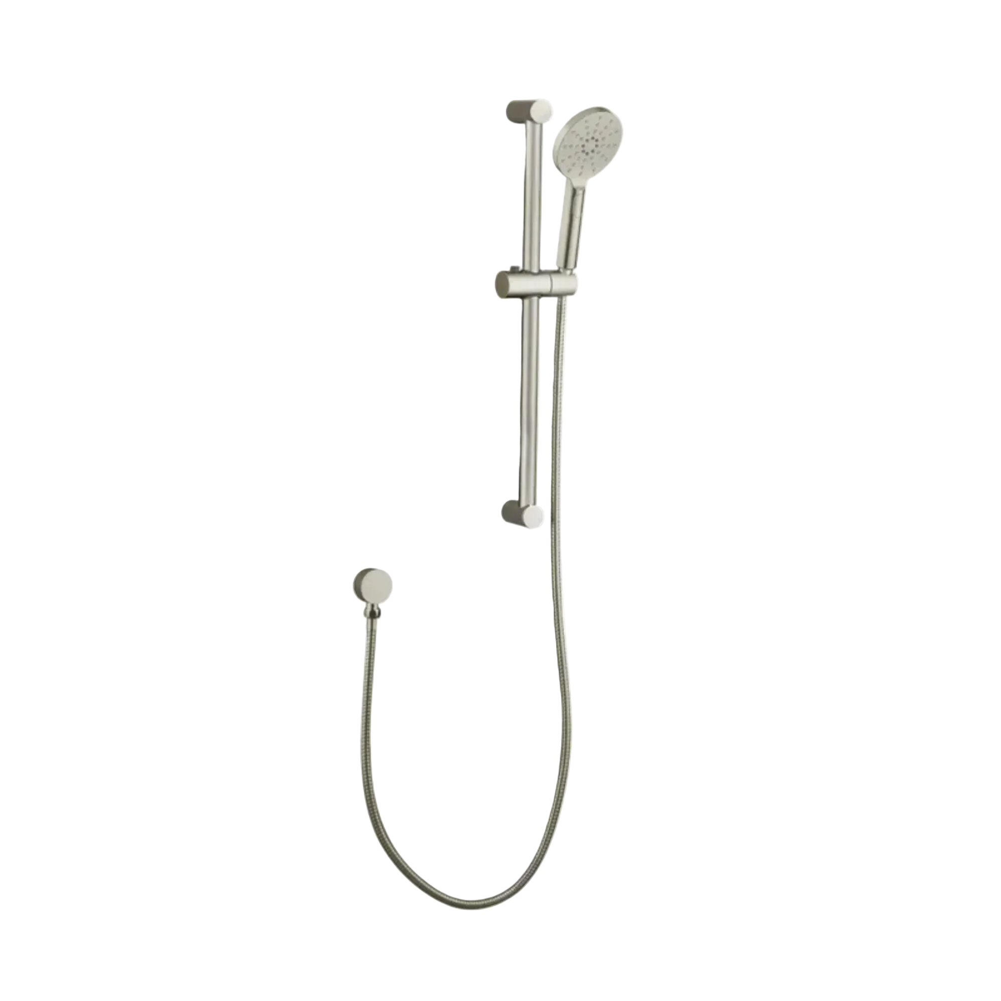 A wall-mounted shower rail set with a round shower head, flexible hose, and slide bar.