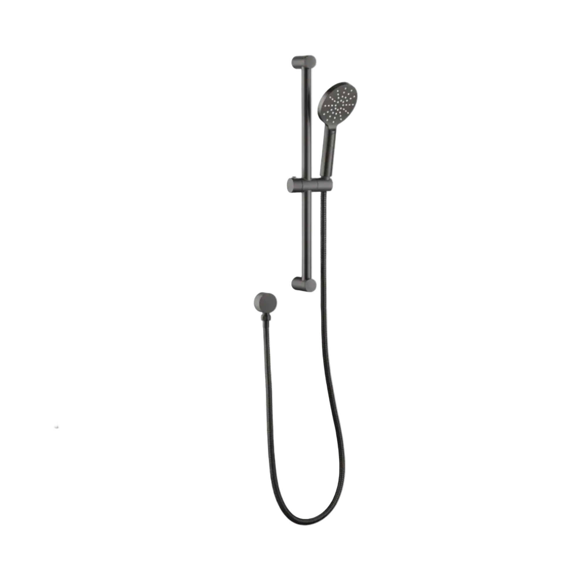 A matte black rail gun shower head and handheld shower set with a flexible hose.