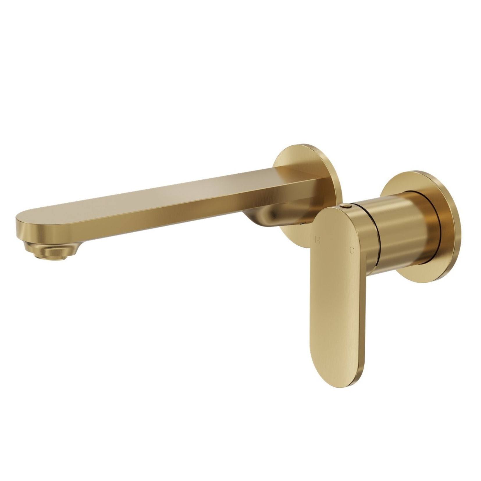 A wall-mounted bath and shower mixer tap with a brushed brass finish and a slimline paddle handle.