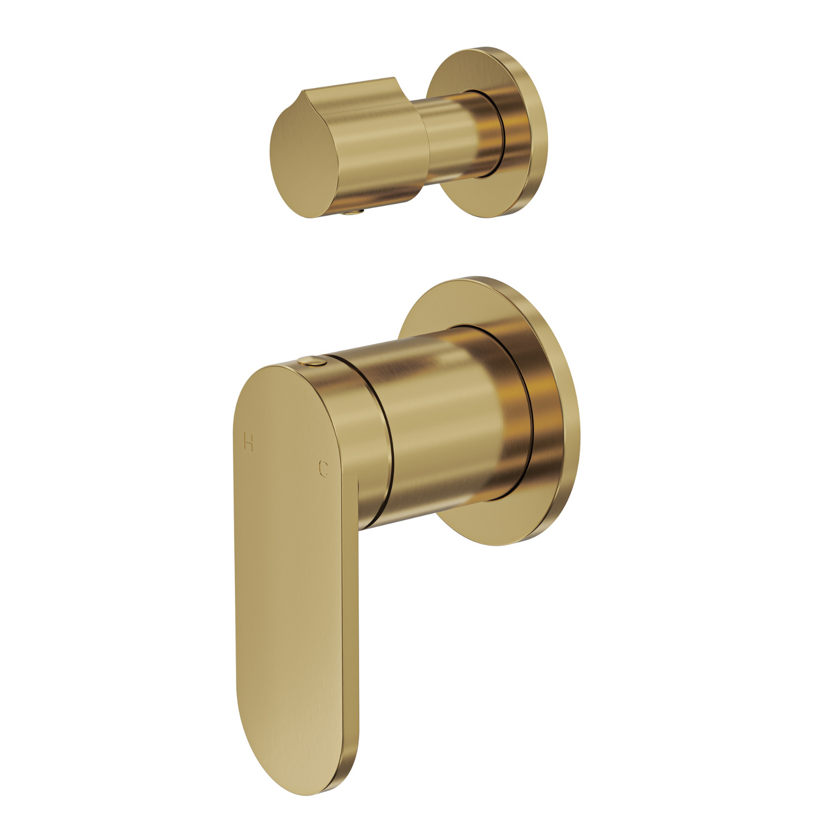Brushed brass wall-mounted mixer tap with a slimline paddle handle and a separate water diverter.