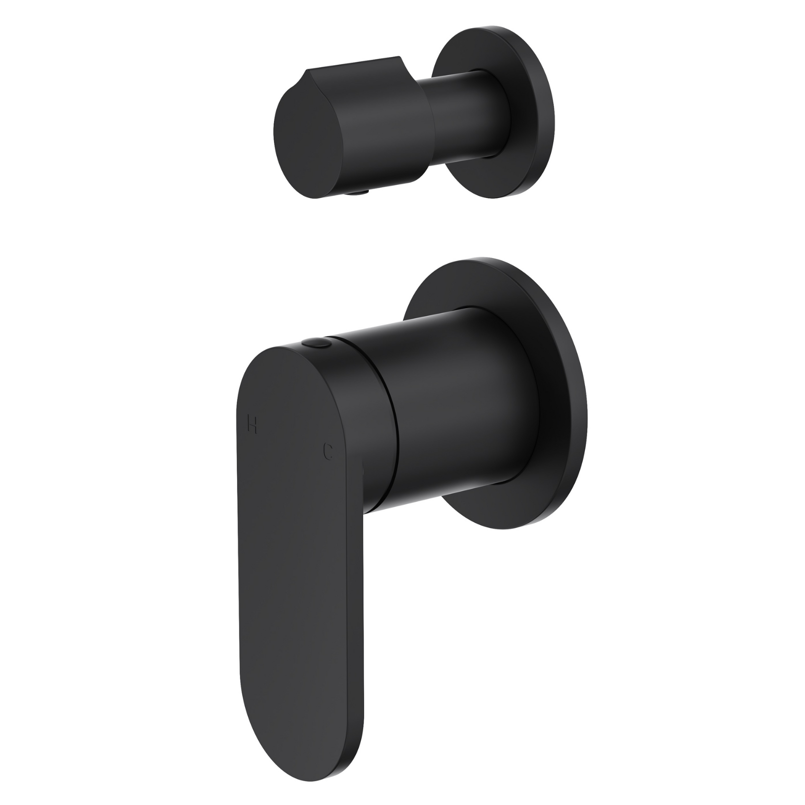 A 2-plate wall-mounted mixer with a matte black finish, featuring a slimline paddle handle and a separate water diverter.