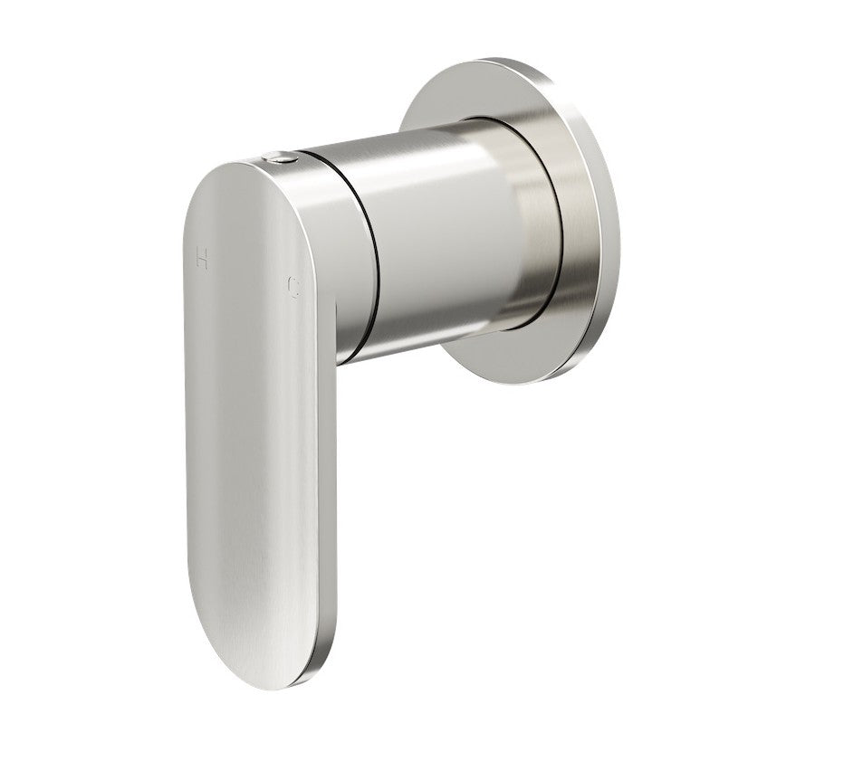 A brushed nickel Linsol Capo wall mixer tap with a Paddle  handle and a small 65 mm back plate.