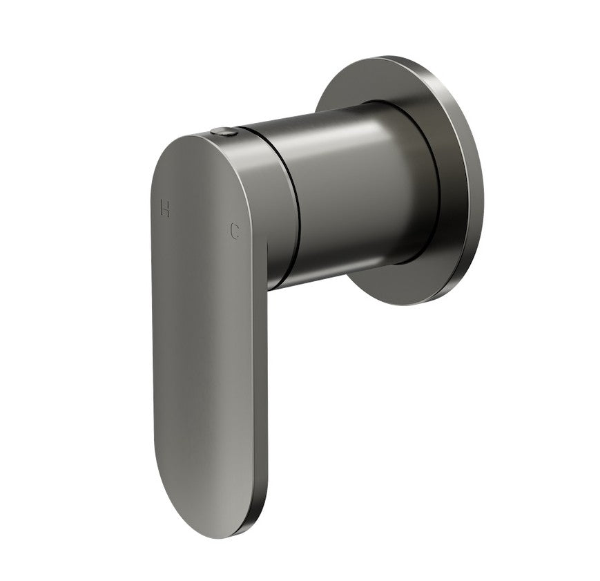 A gunmetal colored Linsol Capo wall mixer tap with a slimline Paddle  handle and a small back plate.