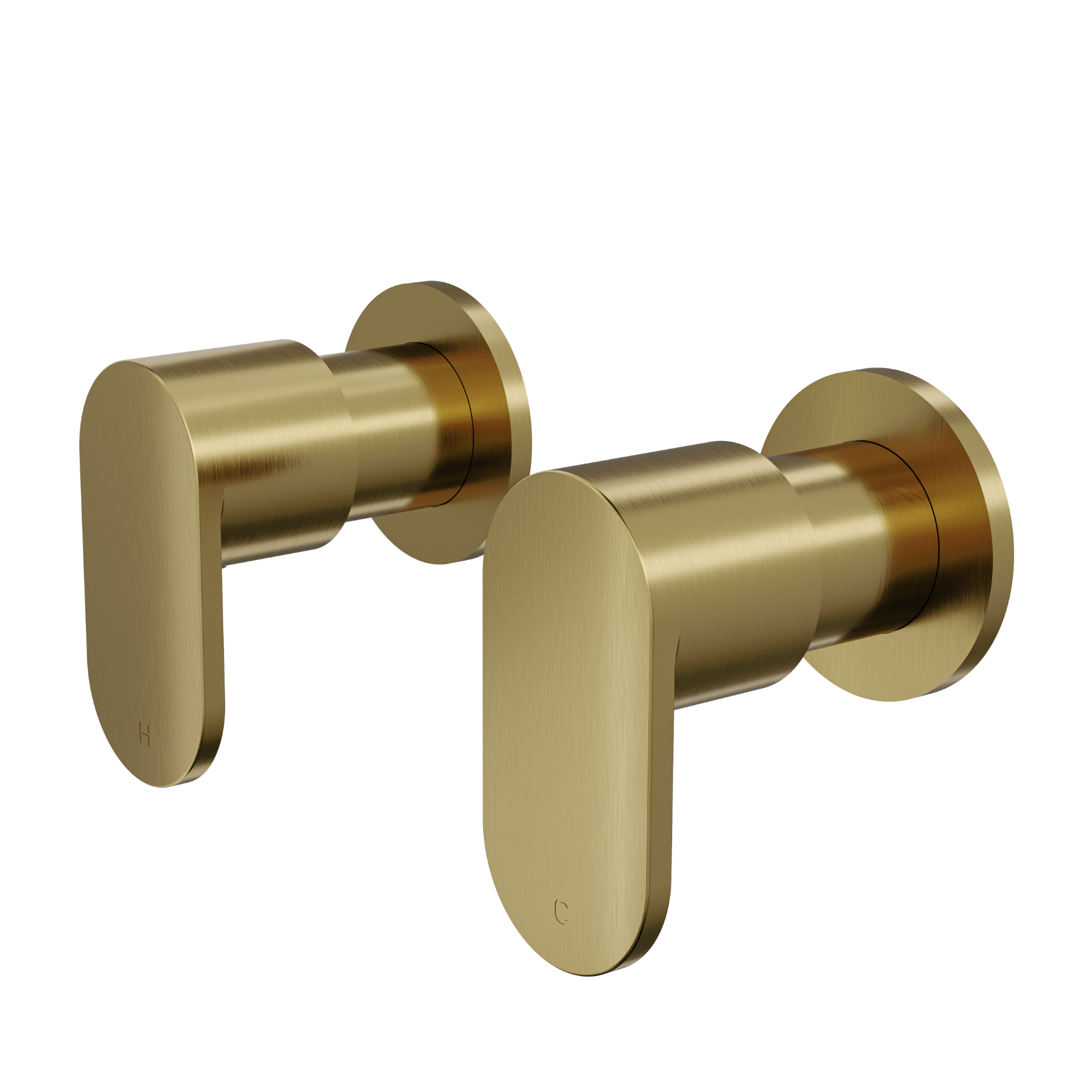 Two brushed brass wall-top hot and cold tap assemblies with ceramic spindles and slimline lever handles.