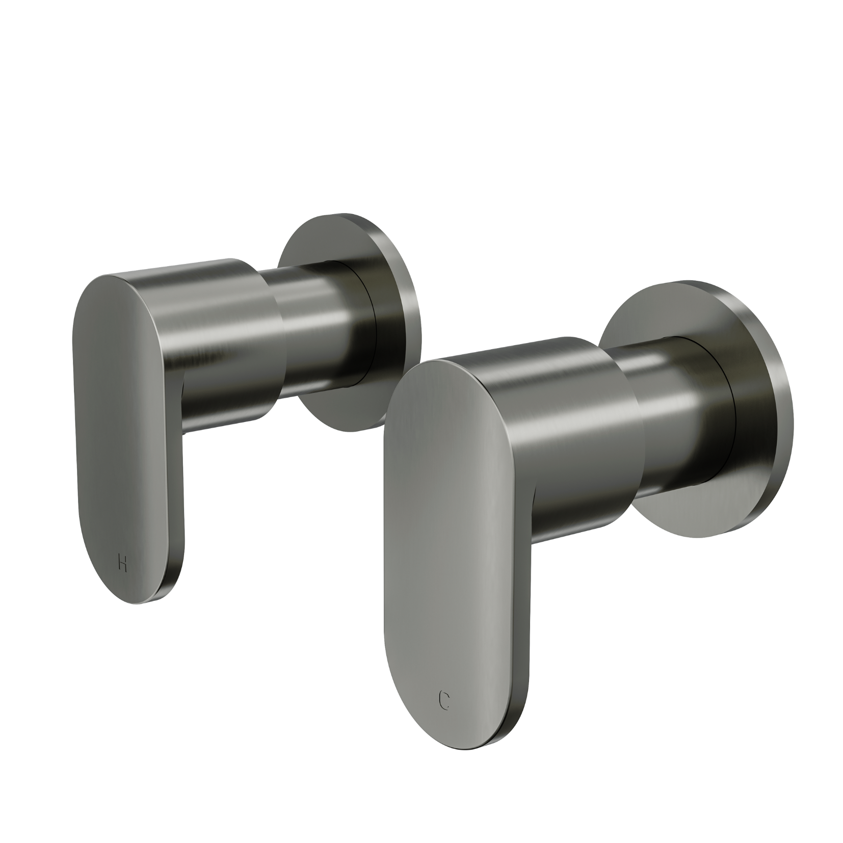 Two gunmetal wall-top assemblies with separate hot and cold taps and ceramic spindles, featuring slimline lever handles and small round back plates.