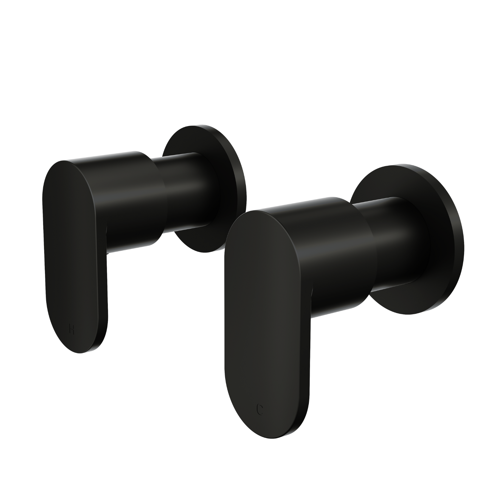 Two wall-top assemblies with matte black finish and slimline lever handles, part of the Linsol Capo Collection.