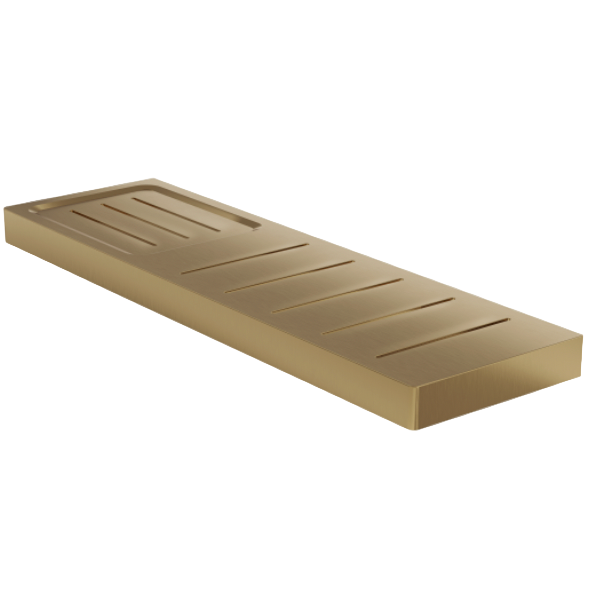 Brushed brass metal shower shelf with soap dish