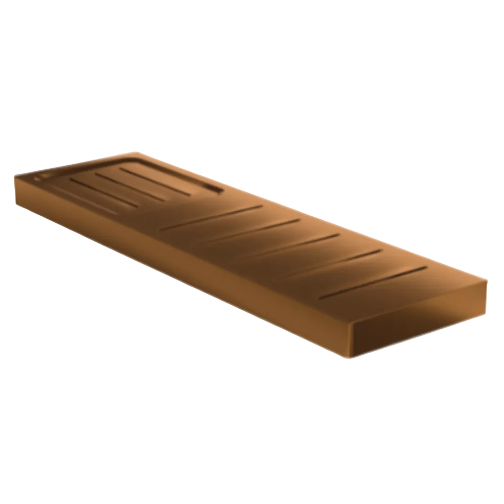 A rectangular bronze-colored metal shower shelf  and soap holder with parallel drainage grooved channels, 