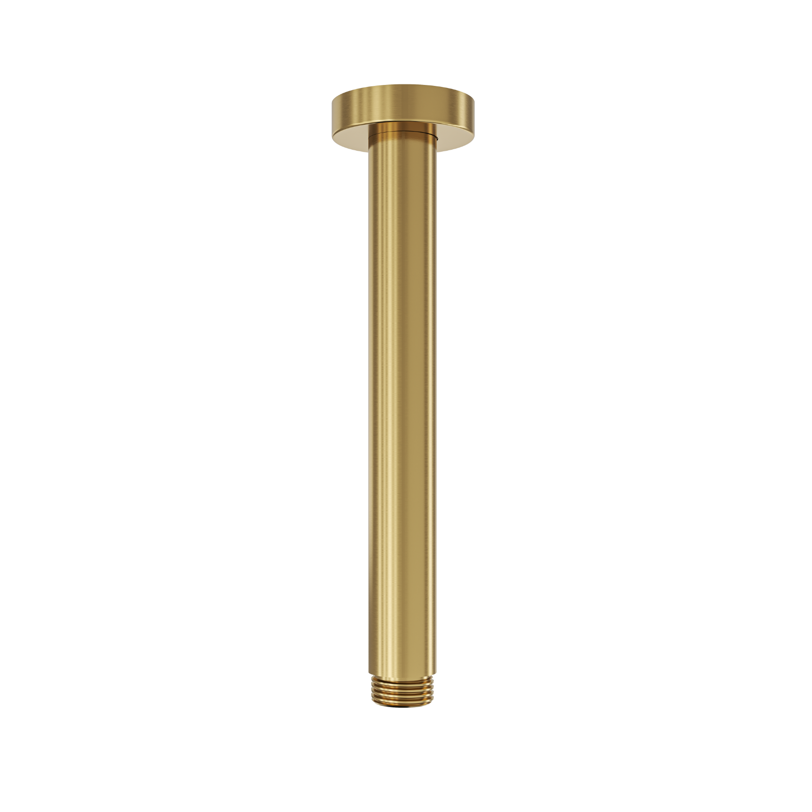 Brushed brass ceiling arm for showers, 200mm in length, with a simple curved design.