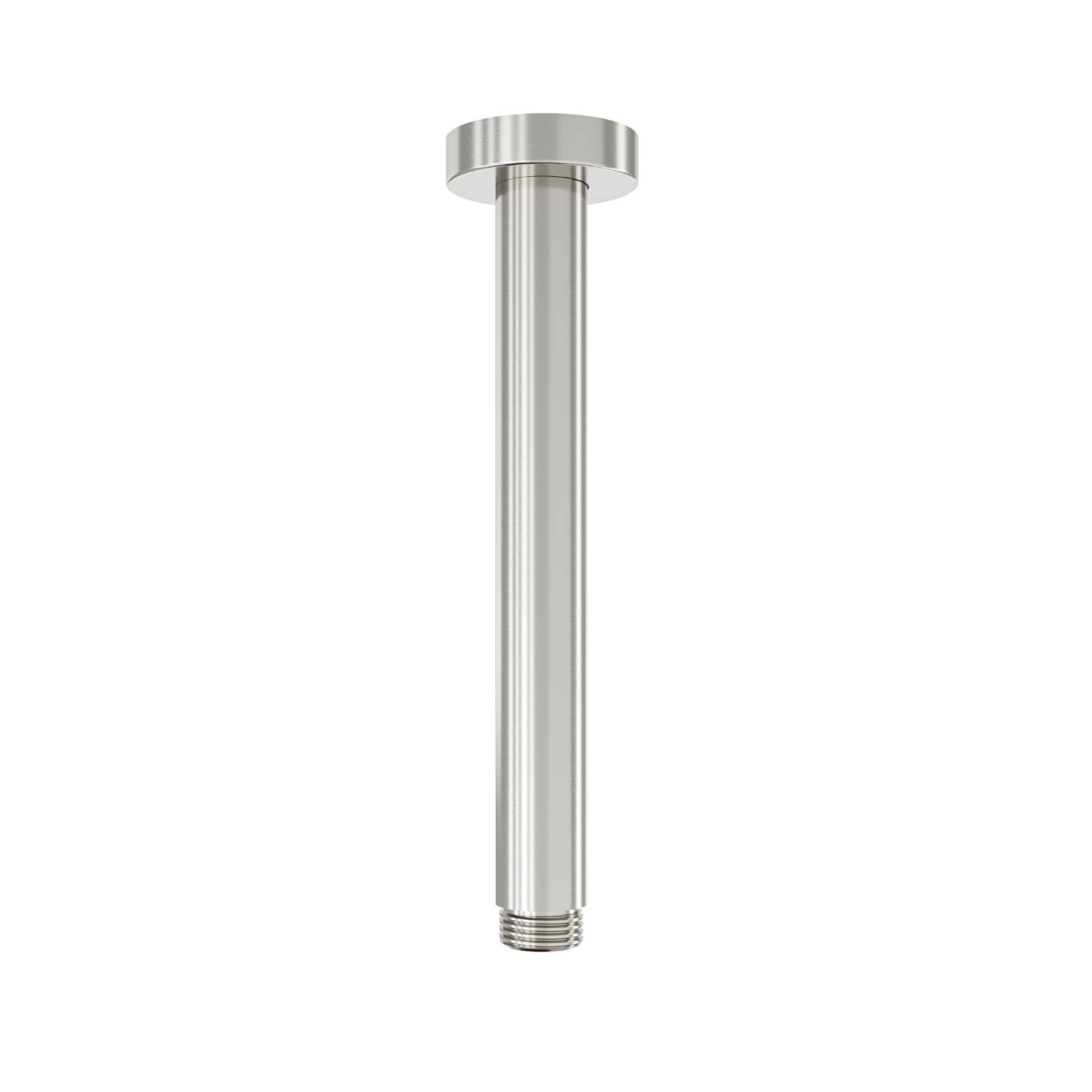 A brushed nickel ceiling arm for showers, 200mm in length, with a sleek and simple design.