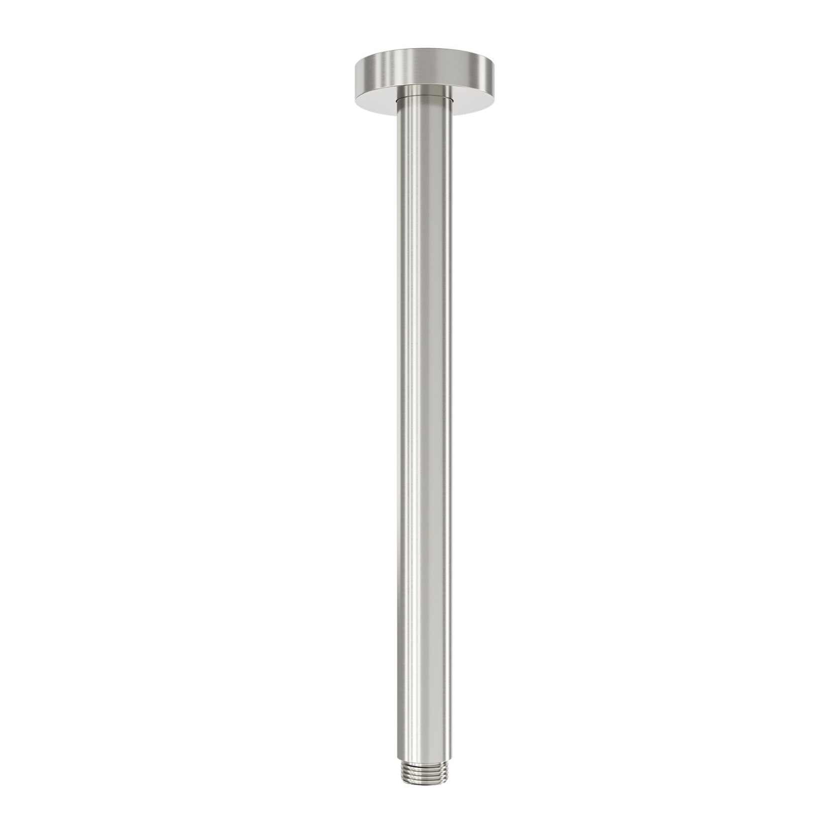A brushed nickel round ceiling arm for showers, 300mm in length, with a simple curved design.