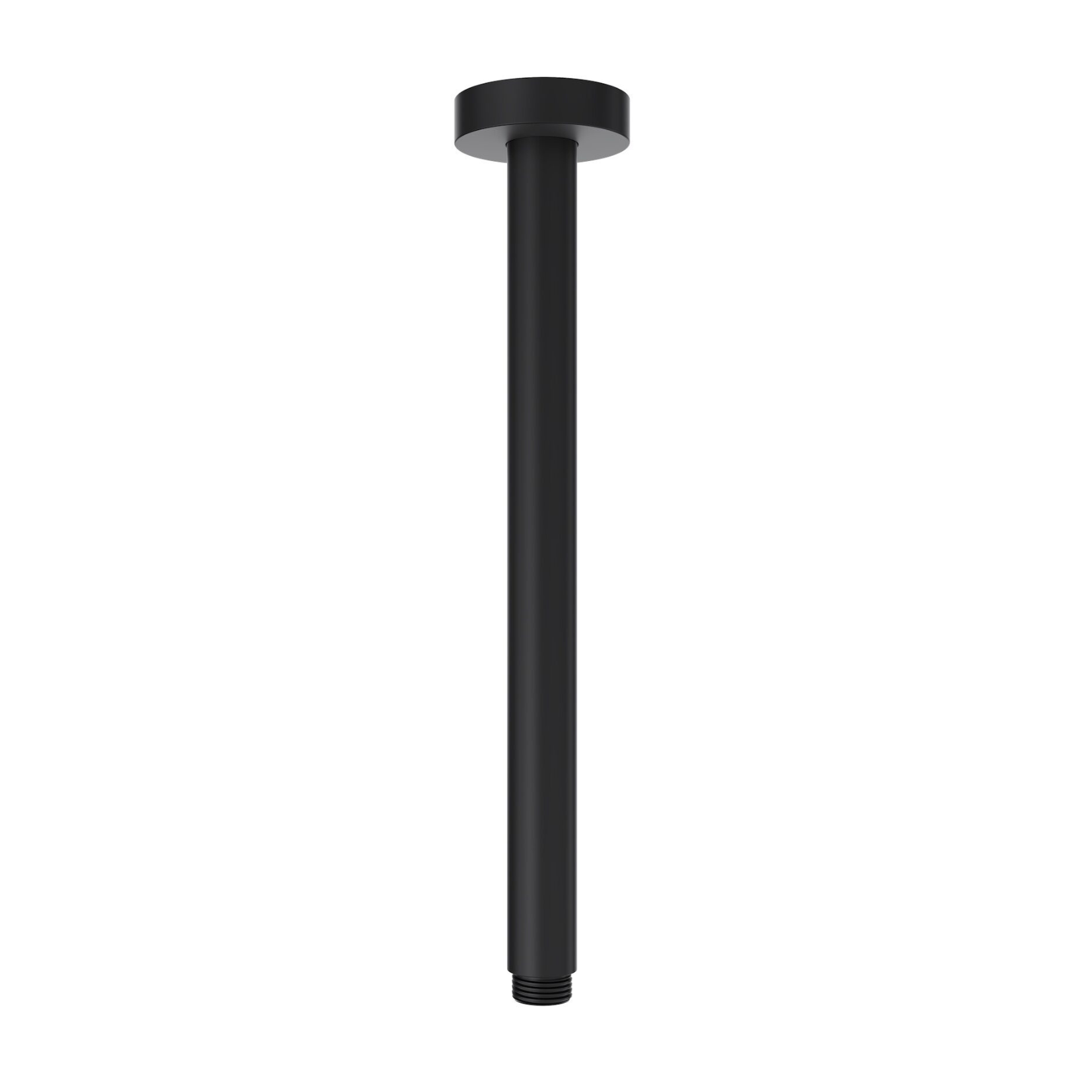 A 300mm round ceiling-mounted shower arm in matte black finish.