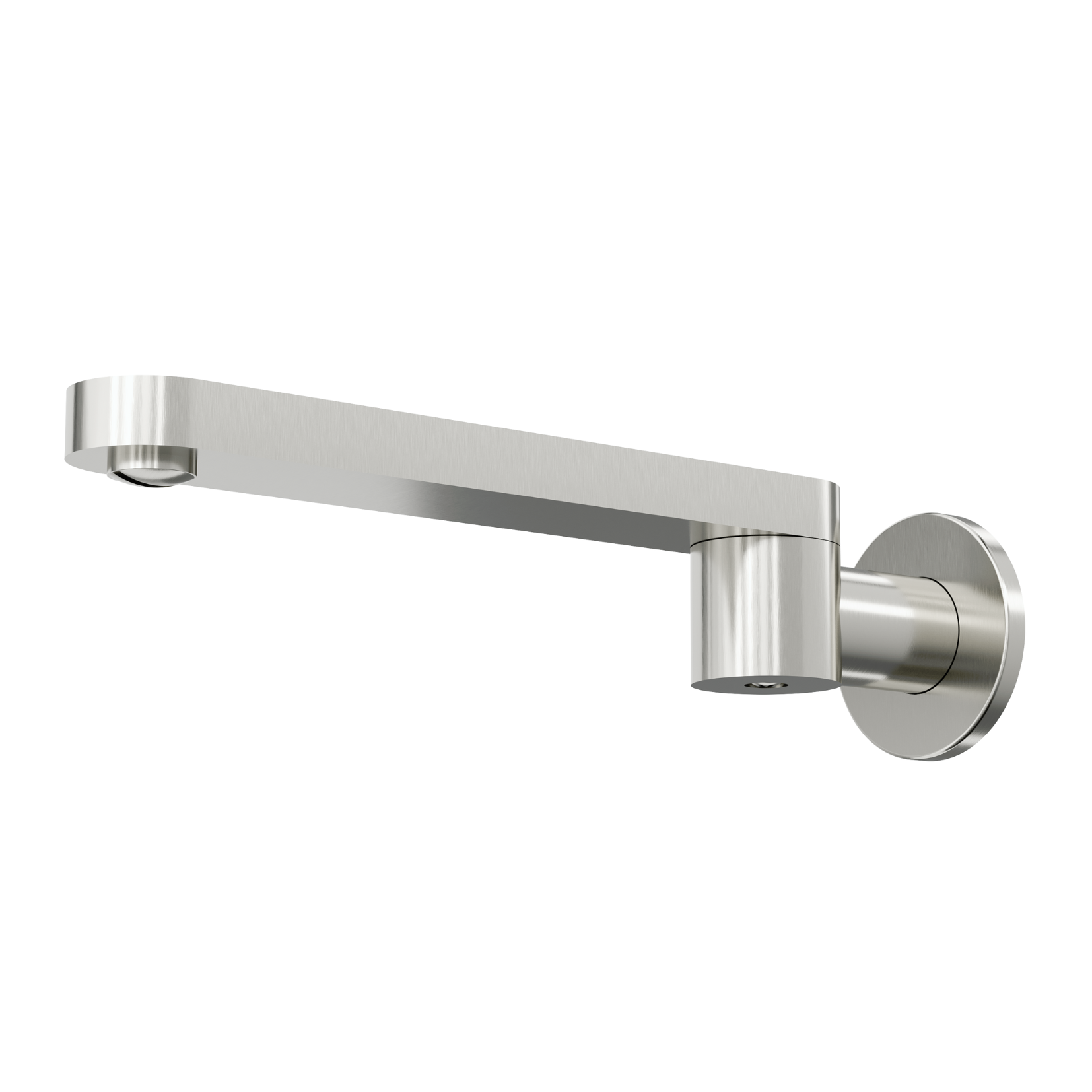 A brushed nickel Linsol Corsica Swivel Brass Bath Spout attached to a wall mount.