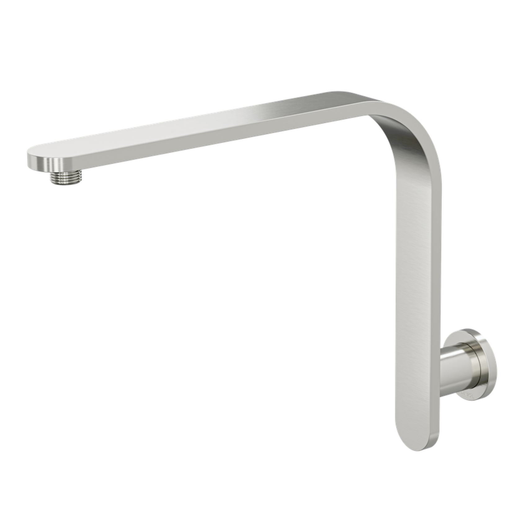 A Brushed Nickel -finished Linsol Corsica upswept round wall arm for showers.