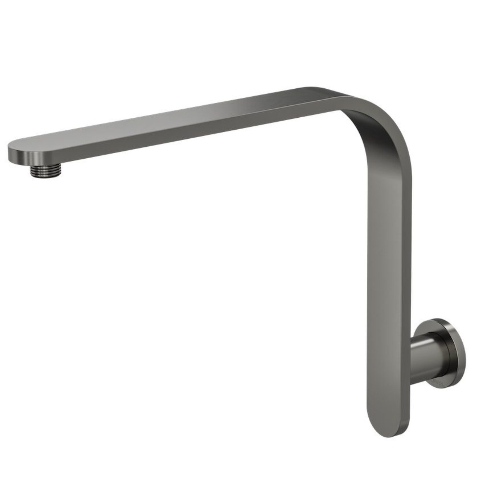upswept brushed nickel wall shower arm with round slim bask plate