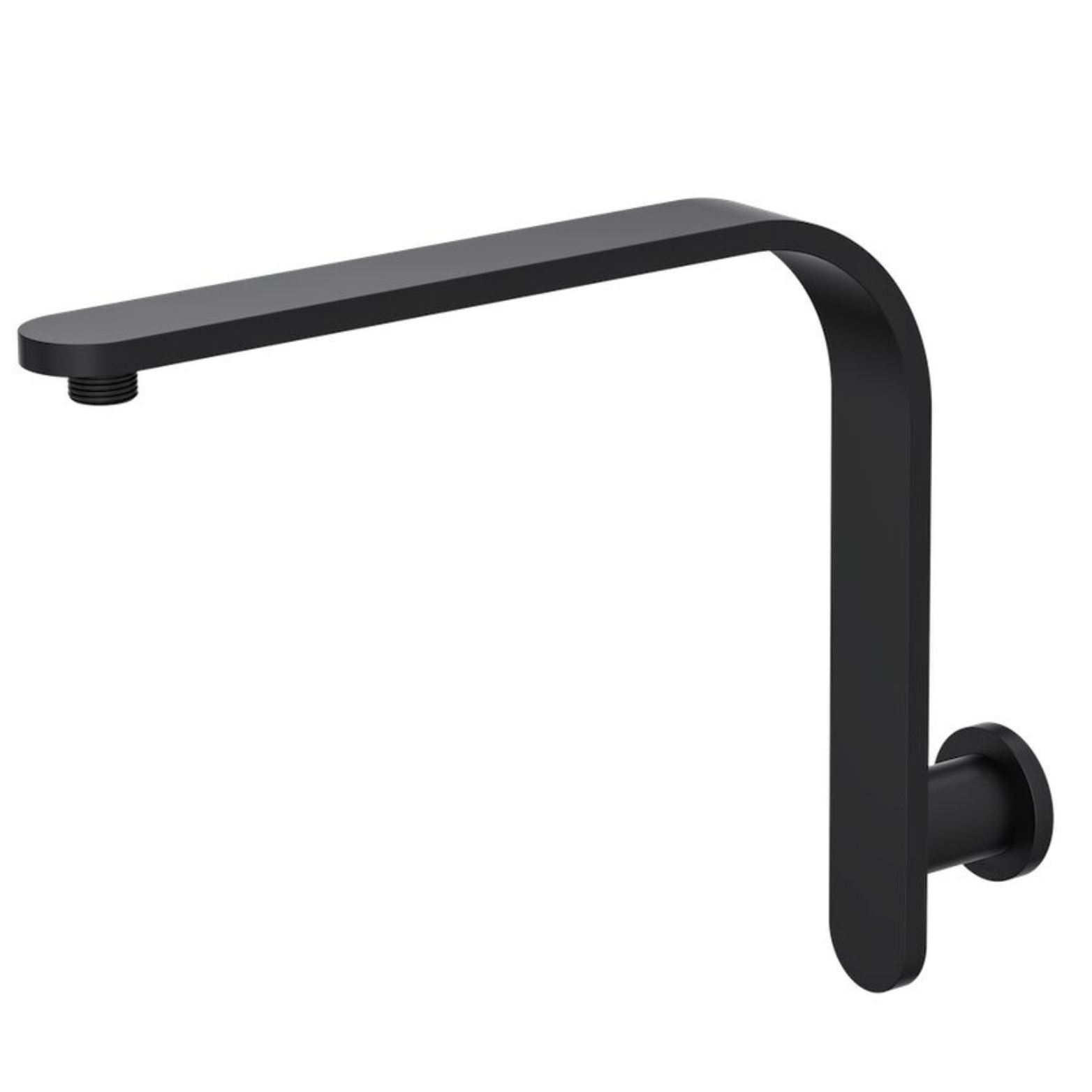 A matte black upswept round wall arm for showers, with a simplistic and modern design.