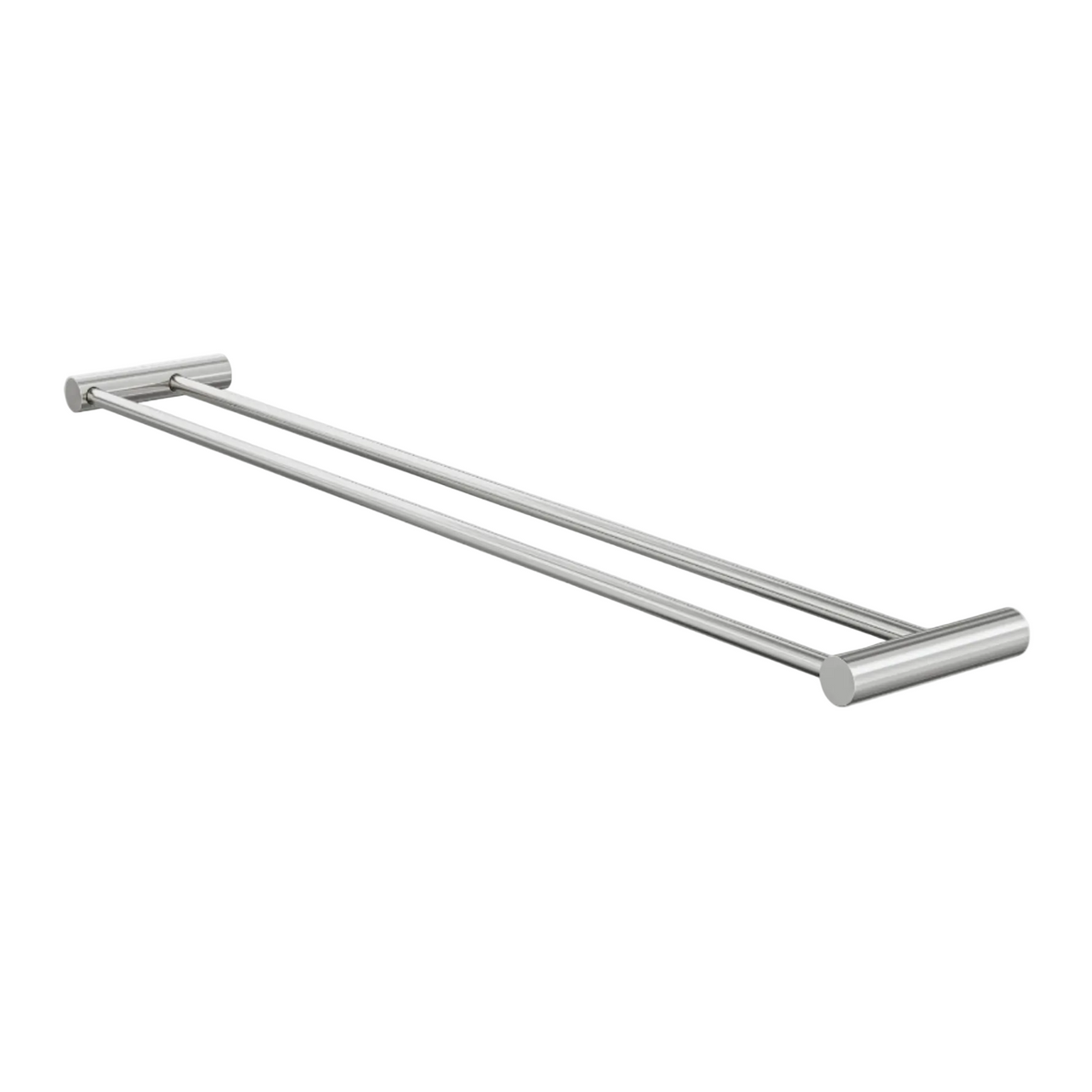 A double towel bar with a polished chrome finish.