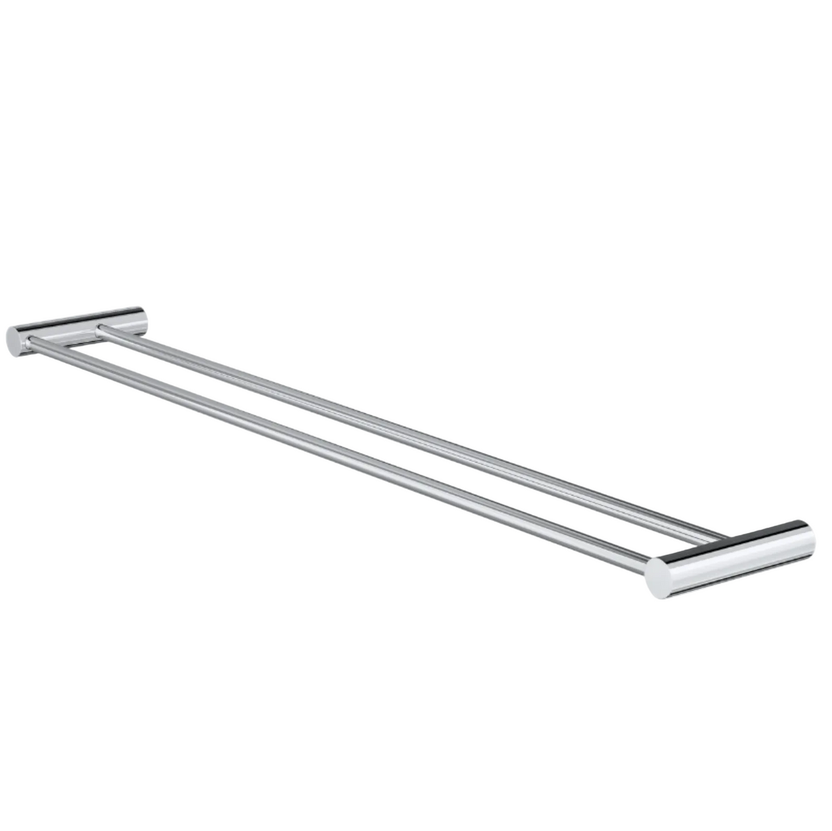 A double towel bar with a polished chrome finish.