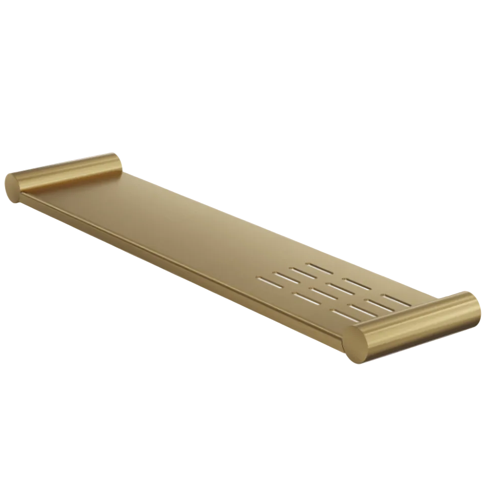 A brushed brass bathroom shelf with rounded ends and a slotted drainage design to accommodate soap