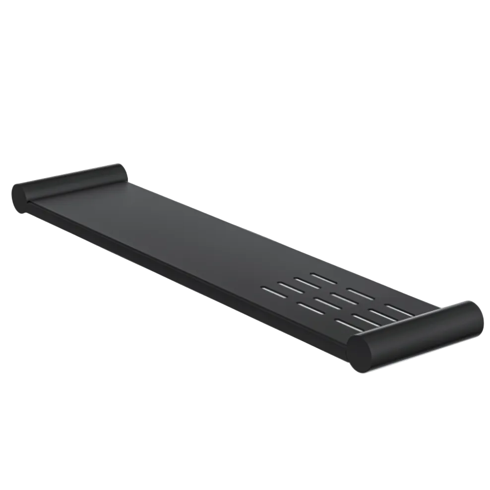 Matte black bathroom shower shelf with drainage slots