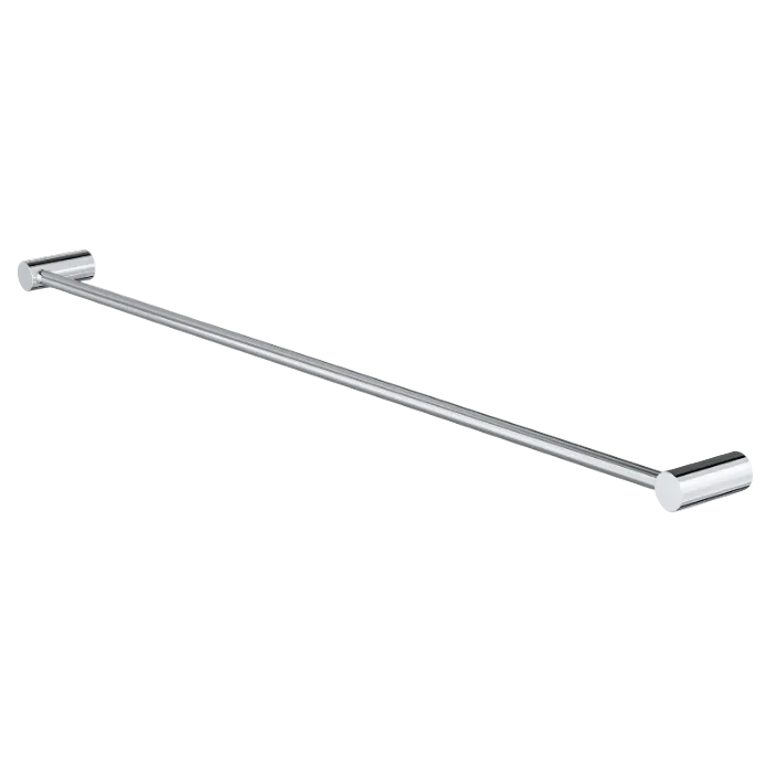 A polished chrome towel bar with cylindrical wall mounts on a solid white background.