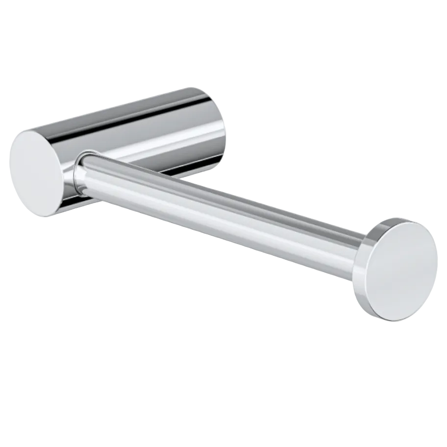 A modern wall-mounted toilet paper holder with a polished chrome finish, featuring a cylindrical wall mount and a horizontal bar with circular end caps.