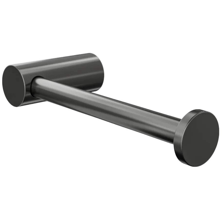 A modern wall-mounted toilet paper holder with a matte black finish, featuring a horizontal bar with circular end caps and a cylindrical backplate.