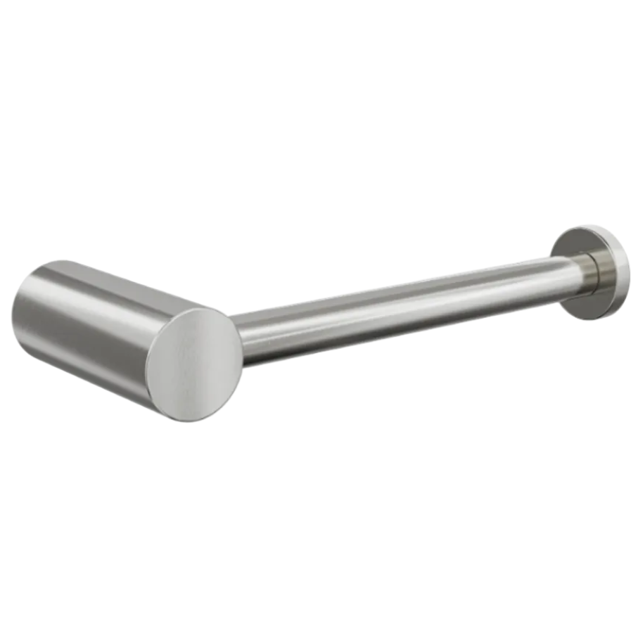 A modern wall-mounted toilet paper holder with a polished chrome finish, featuring a cylindrical rod with circular end caps 