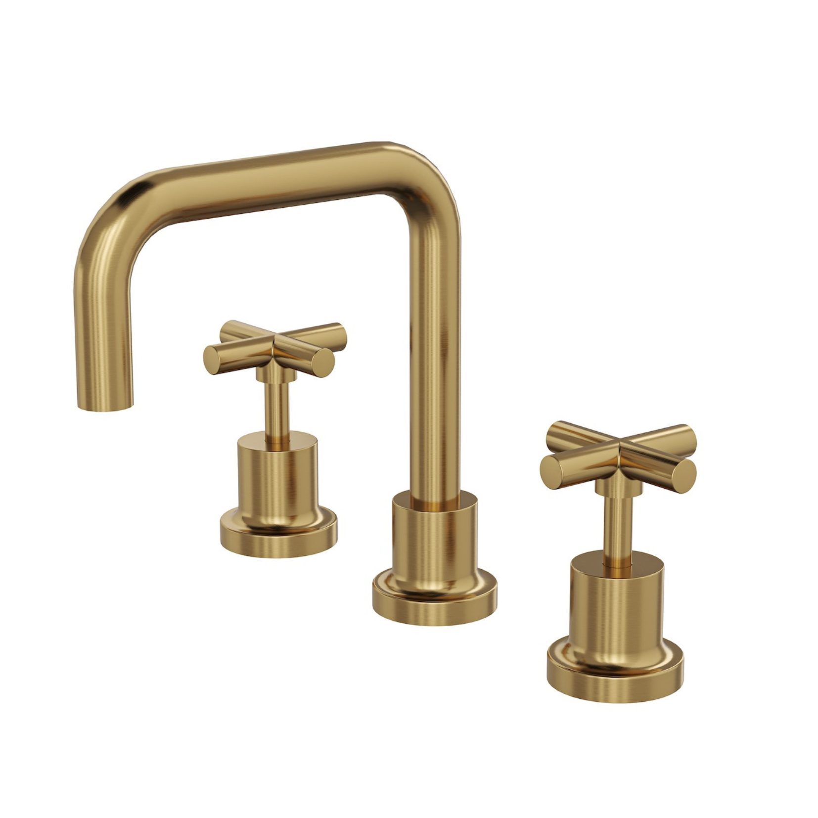 A brushed brass basin tapware set with cross handles and a curved spout.