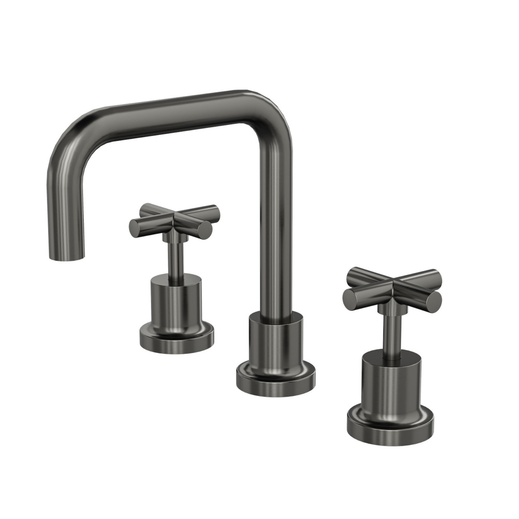 A gunmetal basin tapware set with cross handles and a curved spout.