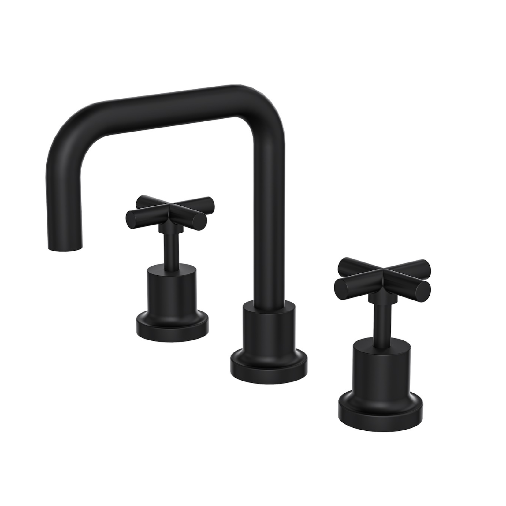 A set of matte black basin taps with cross-shaped handles.