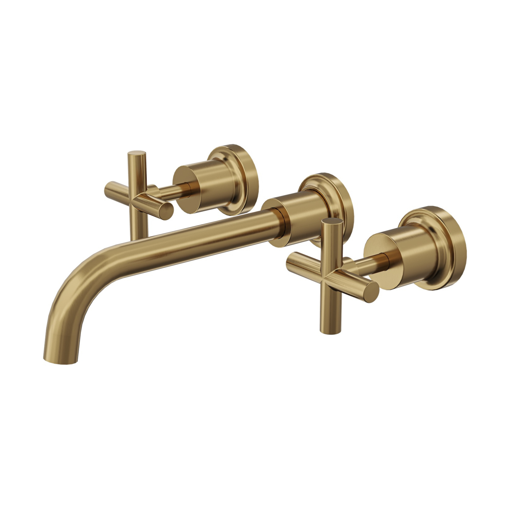 A set of brushed brass bath tapware featuring a double cross handle design.