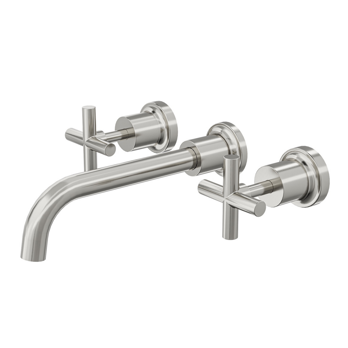 A brushed nickel bath tap set with two handles and a central spout, designed in a classic cross handle style.