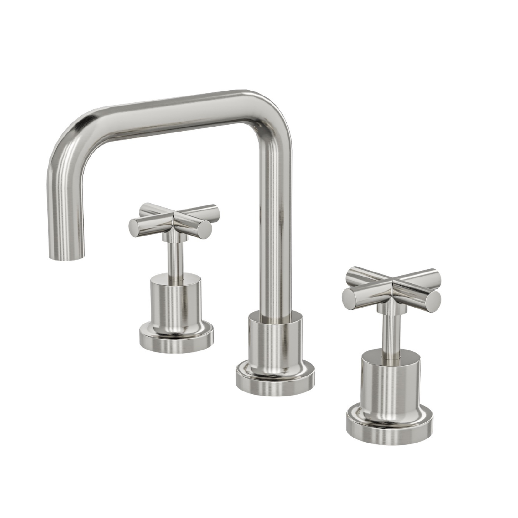 A set of three brushed nickel basin taps with cross-shaped handles.