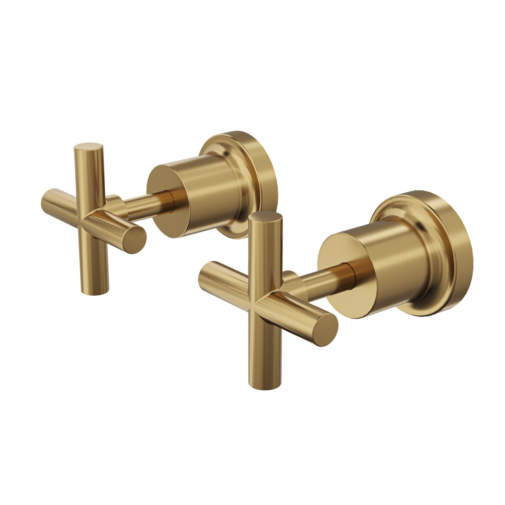 A pair of Linsol Tre wall top assemblies in brushed brass color, featuring a cross-handle design for bathroom tapware.