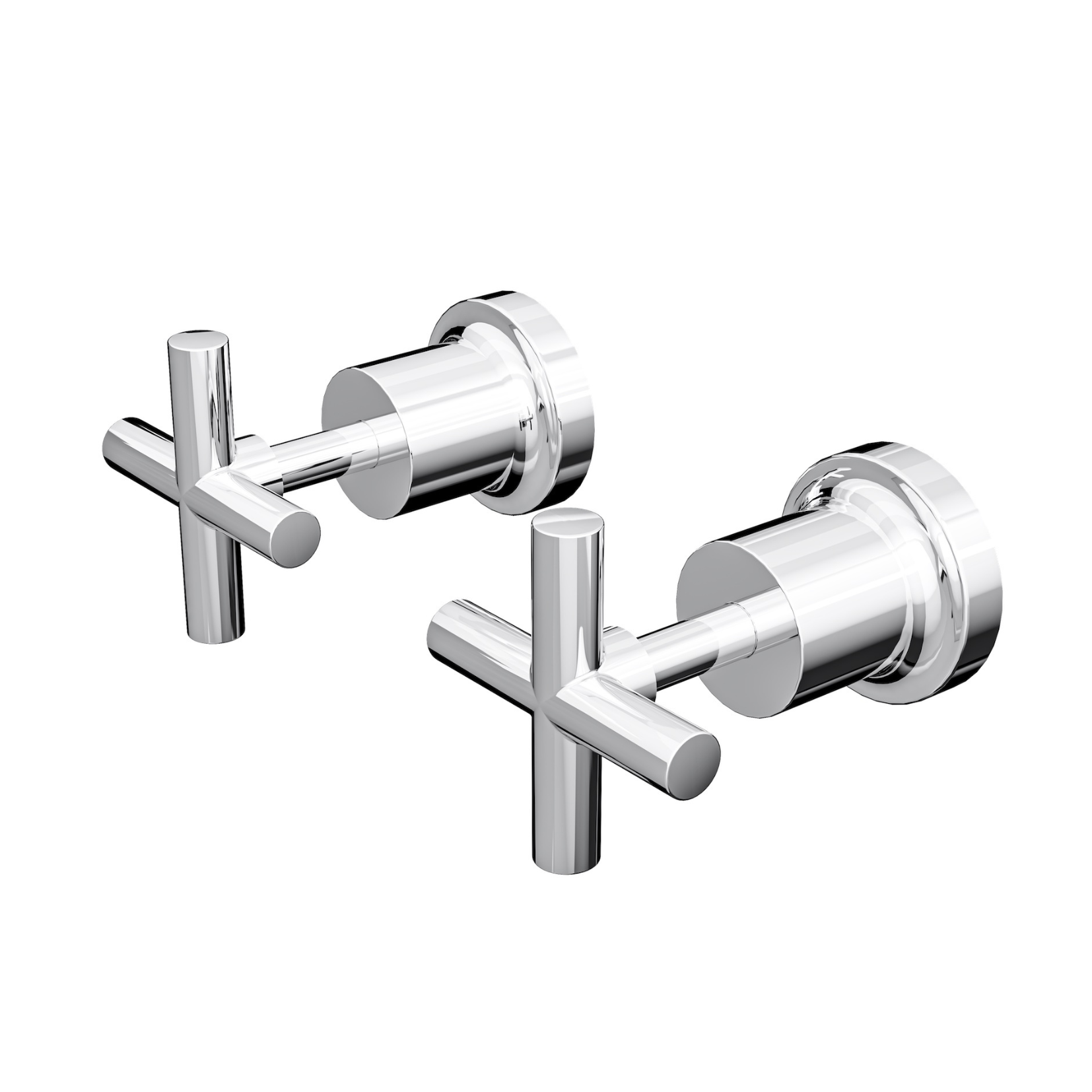 A pair of Linsol Tre wall top assemblies in chrome color, featuring a cross-handle design for bathroom tapware.