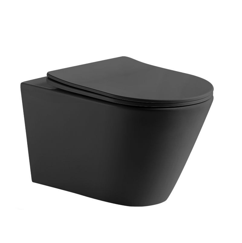 Black wall-mounted toilet with slim sat in matte black