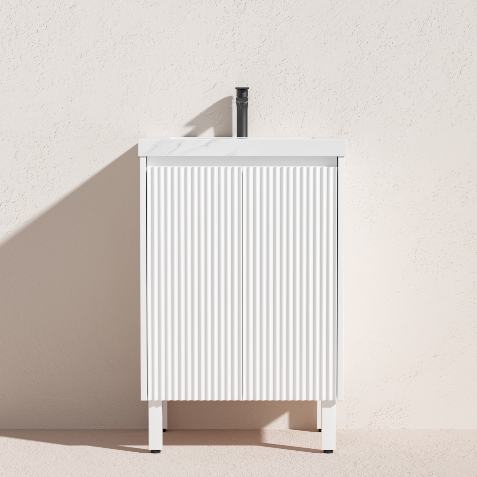 water proof freestanding fluted vanity matte white on legs with doors