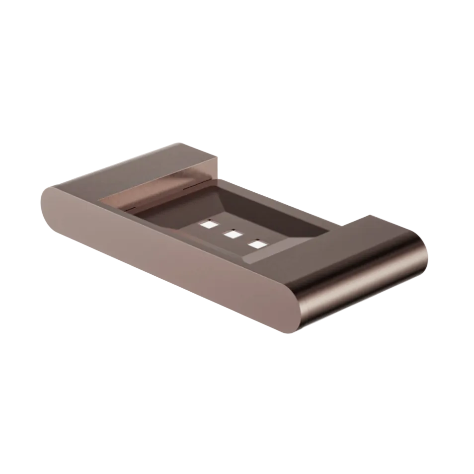 A modern, minimalist wall-mounted soap dish  with a warm metallic bronze finish.