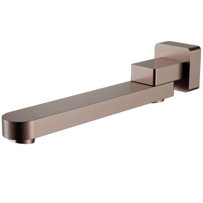 A brushed bronze swivel bath spout with a bold and modern design, capable of folding away when not in use.