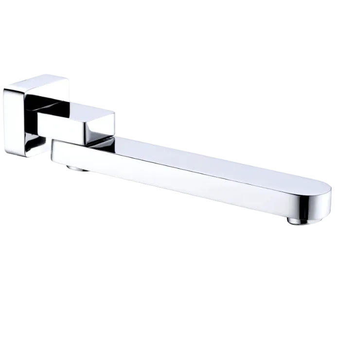 A chrome swivel bath spout with a bold and modern design, capable of folding away when not in use.