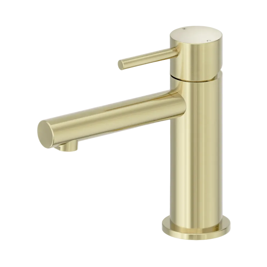A modern single-lever bathroom mixer tap brushed gold finish.
