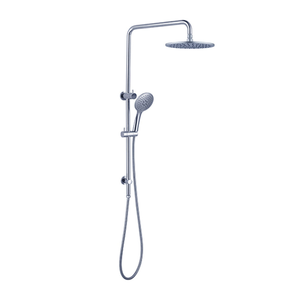 A chrome combination shower with a round  overhead shower head and a handheld shower head, both adjustable on a vertical slide bar.