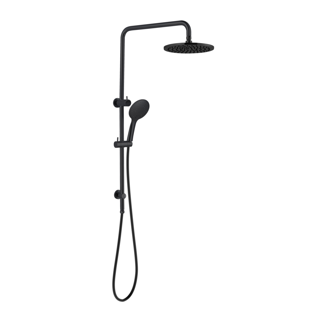 Matte black combination shower with a round  overhead shower head and a hand-held shower head, both in a sleek black finish.